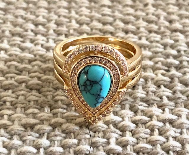 015055 Gold Turquoise & Rhinestone Ring SZ7-8 - 1