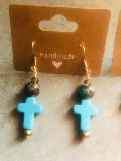 015072 Turquoise Cross w Turq & Brown Earrings - 1