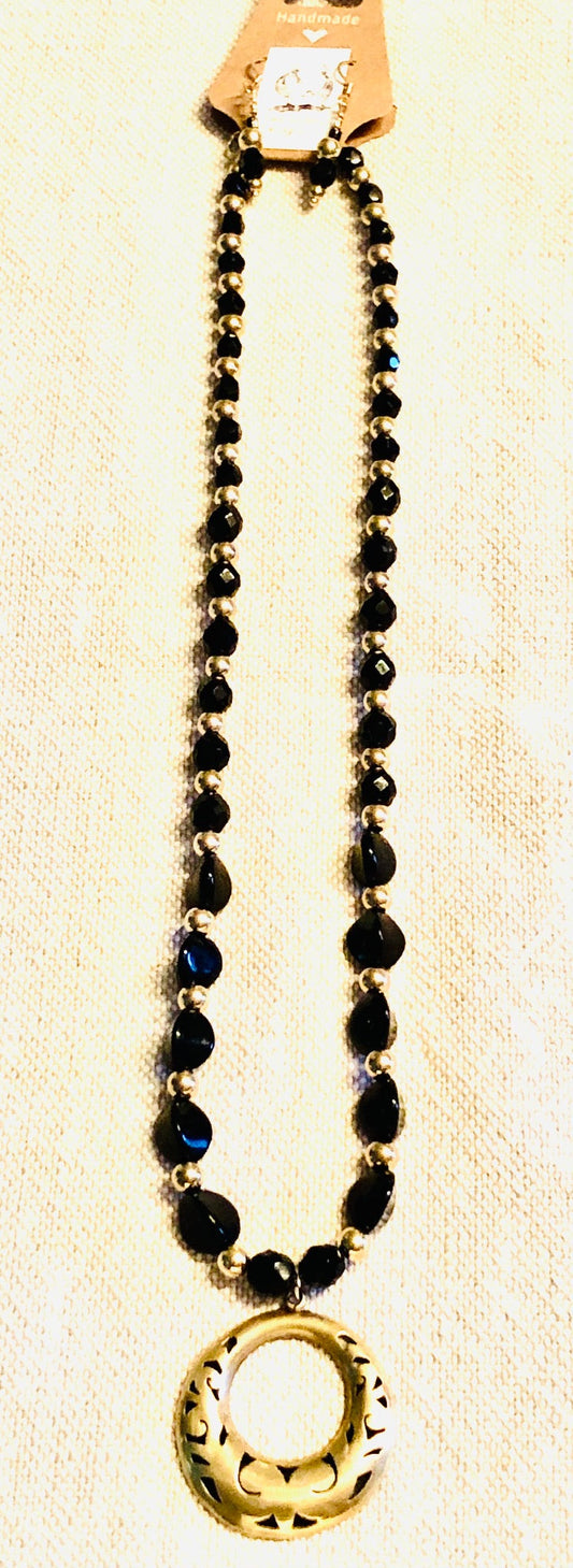 015150 Brass Pendant & Vintage Black Beads - 1