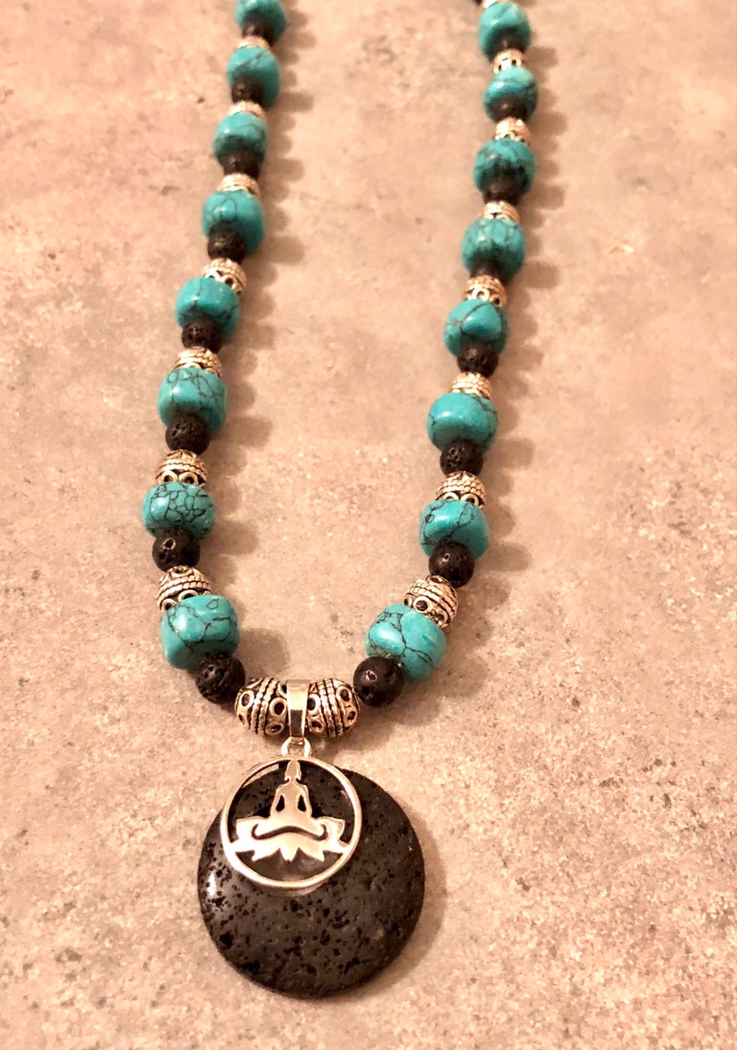 015-174 Turquoise & Lava Bead w Buddha/Lotus Flower Pendant - 1