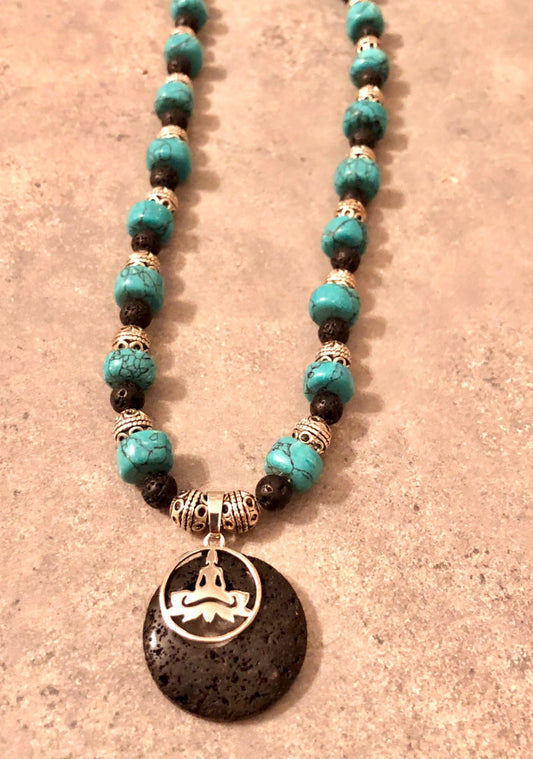 015174 Turquoise & Lava Bead w Buddha/Lotus Flower Pendant - 1