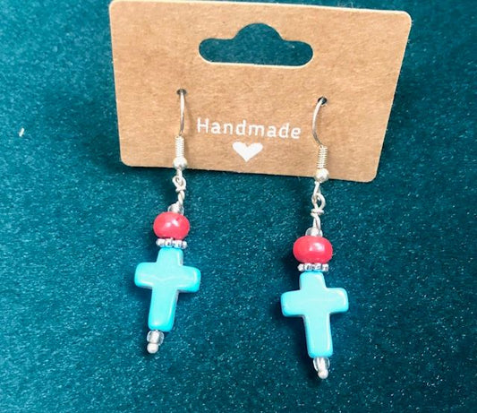 015006  Turquoise Cross w Red Bead Earrings - 1