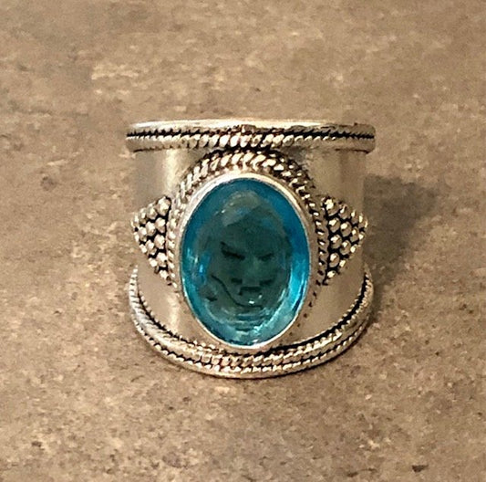 015068  Aquamarine Silver Cigar Ring SZ7 - 1