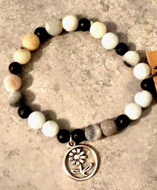 015357  Amazonite & Lava Bead Bracelet w Flower Charm - 1