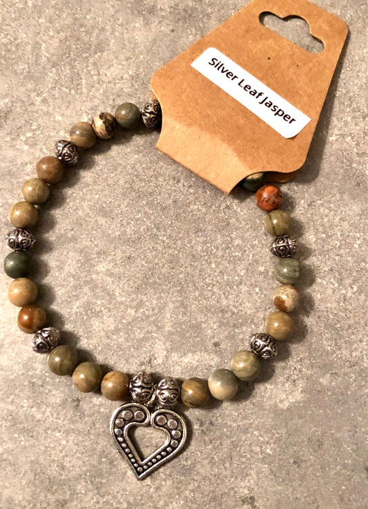 015107. Silver Leaf Jasper Bracelet w Heart Charm - 1