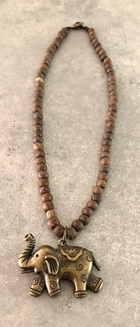 015110  Wood Bead Necklace w Bronze Elephant Pendant - 1