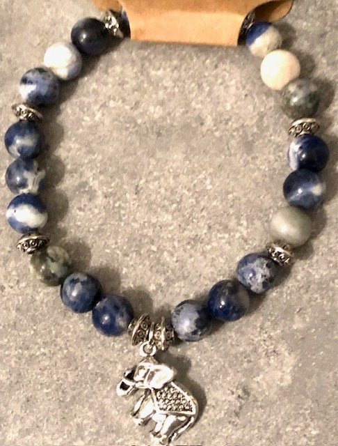 015113  Sodalite Bead Bracelet w Elephant Charm - 1