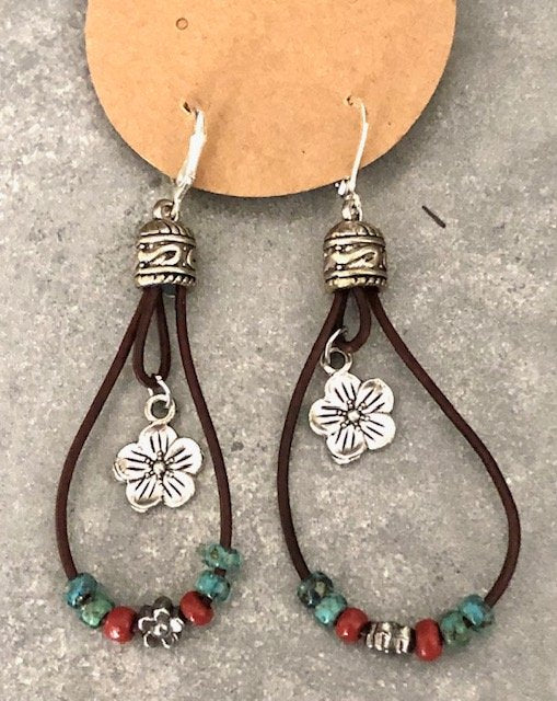 015141  Silver Flower/Bead Cord Earrings - 1