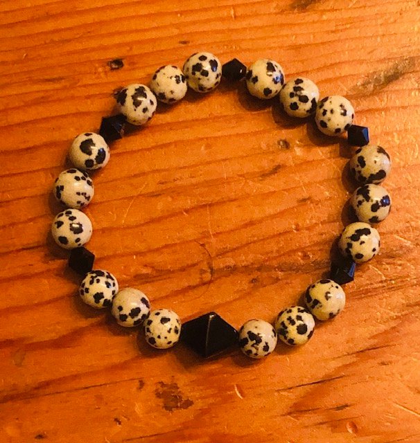 015360  Dalmatian Jasper & Vintage Black Bead Bracelet - 1