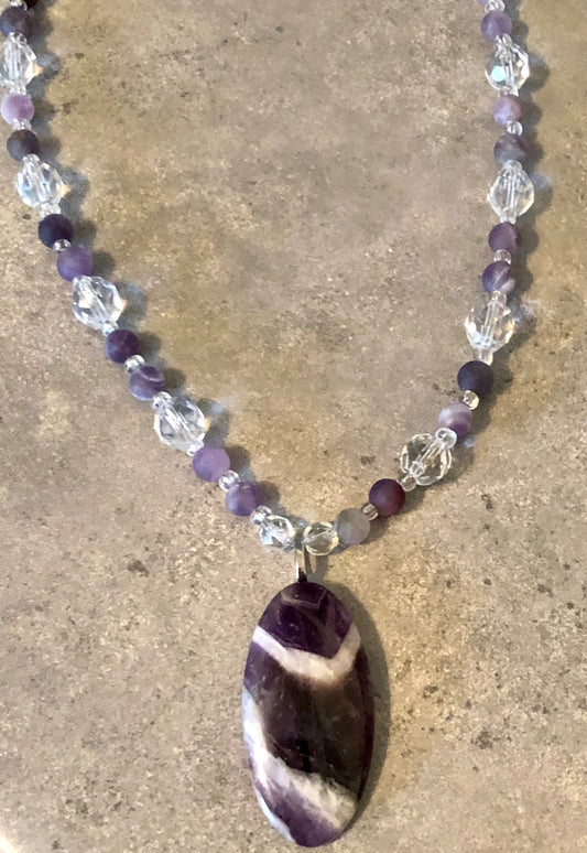 015306. Amethyst Pendant w Frosted Amethyst & Vintage Crystal Beads  - 1