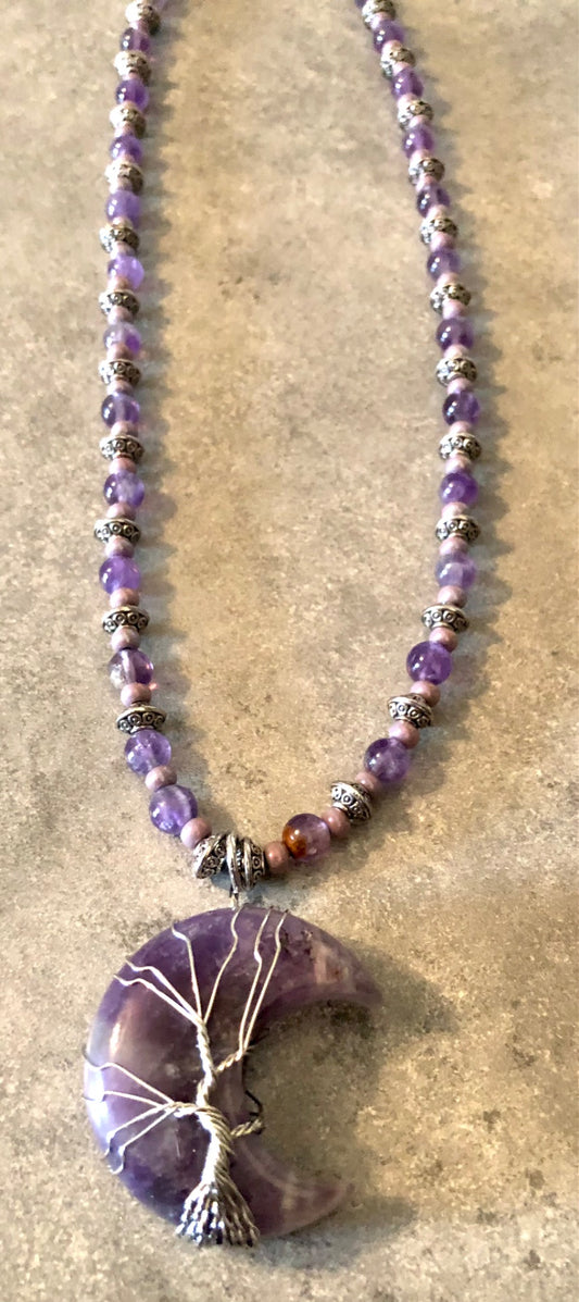 015182 Amethyst, Czech Seed and Antique Silver Beads w Amethyst Half Moon Wire Tree Pendant set - 1