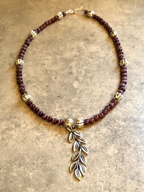 015032  Purple Cats Eye Bead Necklace w Silver Leaf Pendant - 1