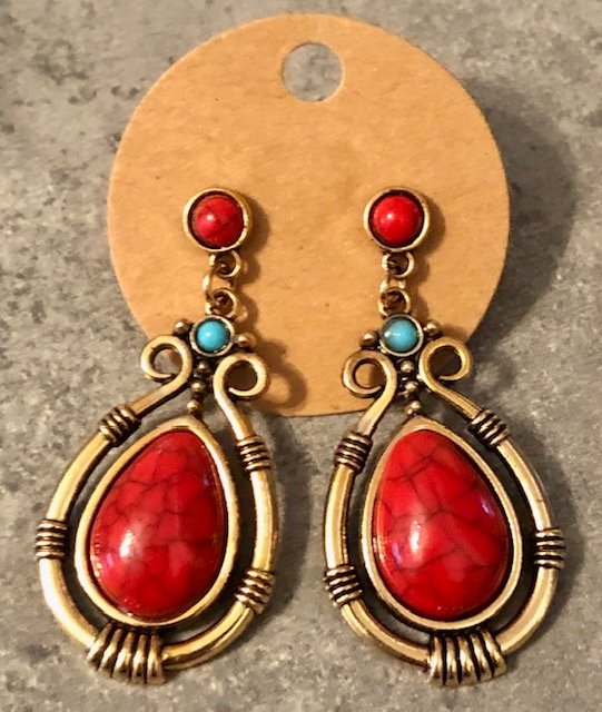 015042  Synthetic Red & Blue Turquoise Earrings - 1