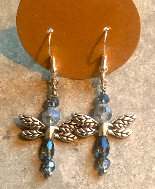015405   Blue Glass Dragonfly Earrings with 925S hooks - 1
