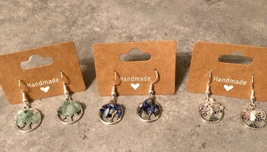 015043 Semi-Precious Stone Chip Tree of Life Earrings w 925S Hooks
