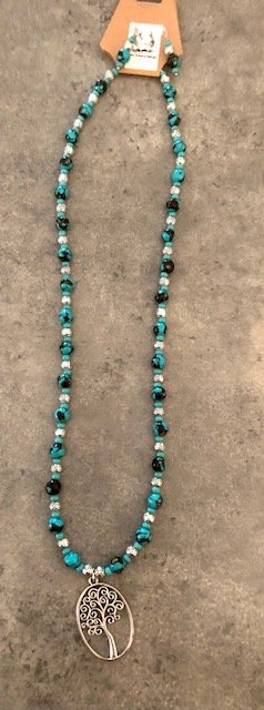 015056  Turquoise & Hammered Silver Bead w Tree of Life Pendant Set
