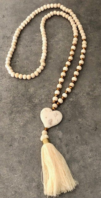 015063  Wood Bead Necklace w Heart Tassel Pendant