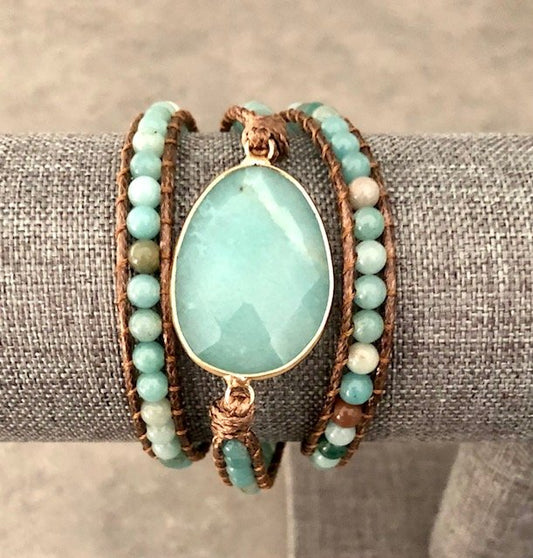 015069  Semi Precious Stone wrap around adjustable bracelet