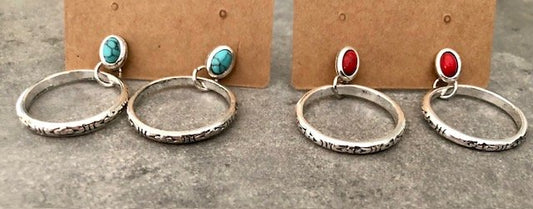 015060  Silver stud/hoop Blue & Red Turquoise Earrings