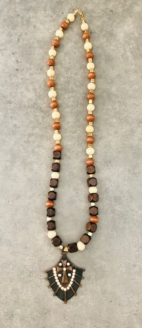 015017  Vintage Cross Pendant & Wood Bead Necklace - 1