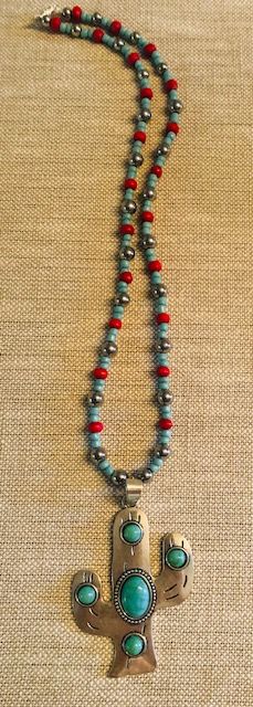 015-082  Turquoise & Silver Cactus Necklace - 1