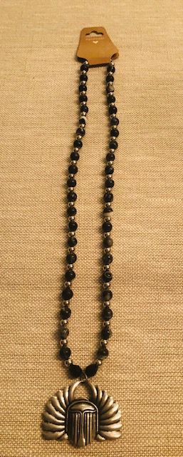 015-085  Black Jasper & Silver Scarab Pendant Necklace - 1