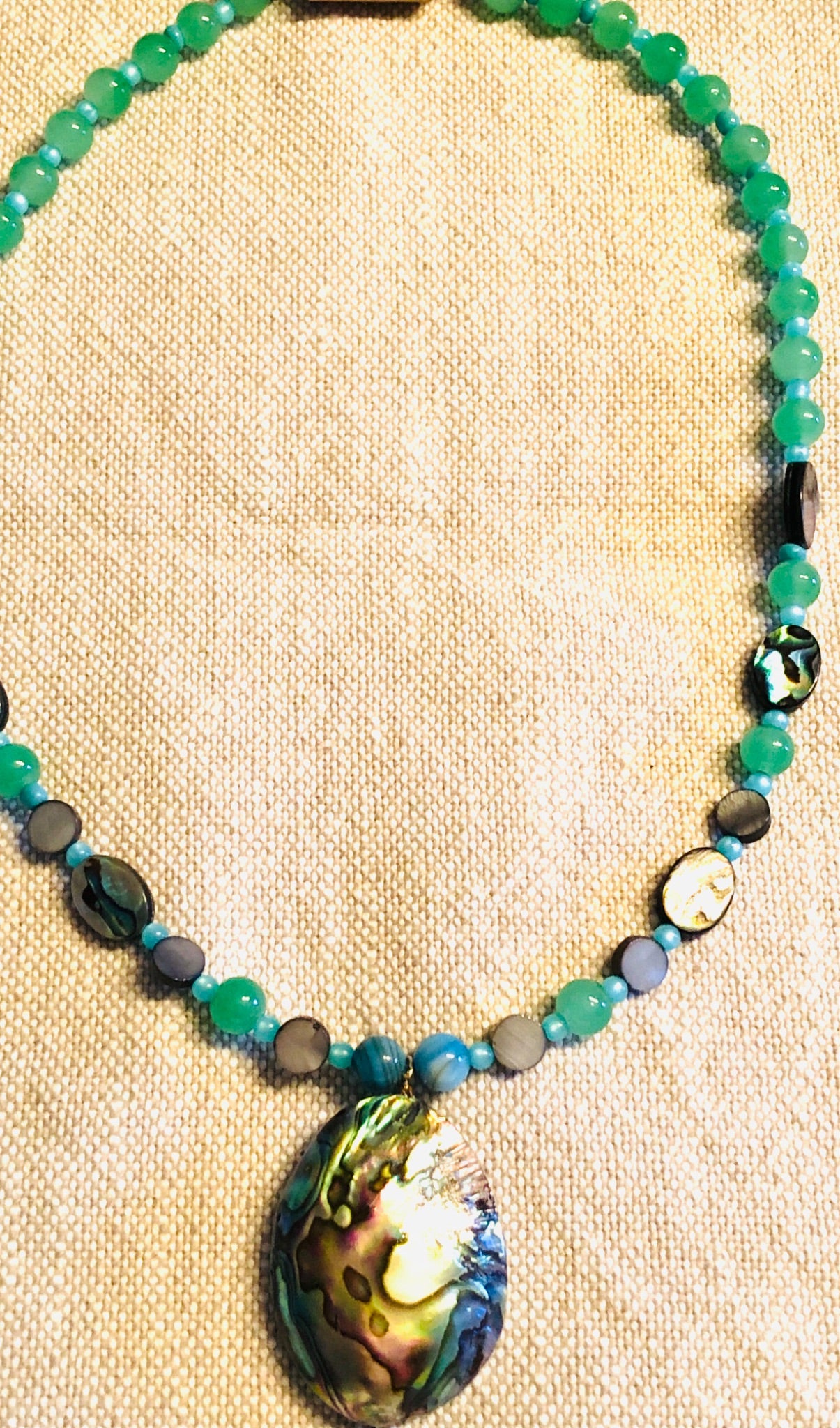 015-148 Abalone Shell & Green Glass Beads - 1