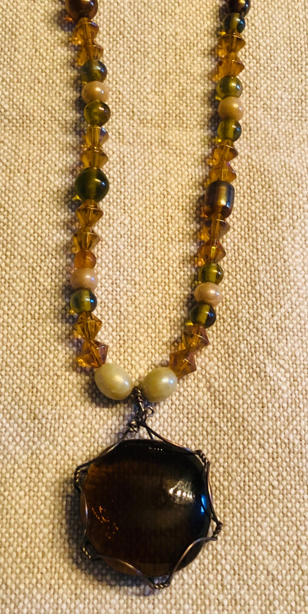 015-152 Amber Glass Pendant w Glass Beads - 1