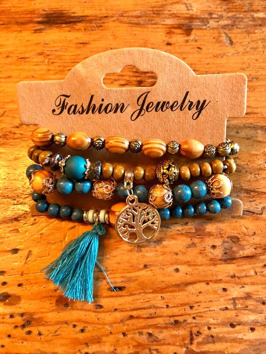 015-034 Stacked Wood/Turquoise Bracelets - 1