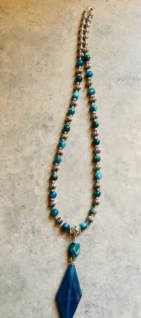 015-042  Cyanite Stone/Silver Bead Necklace with Blue Pendant - 2