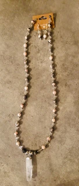 015-057  Pink Zebra Jasper & Crystal Necklace & Earrings - 1